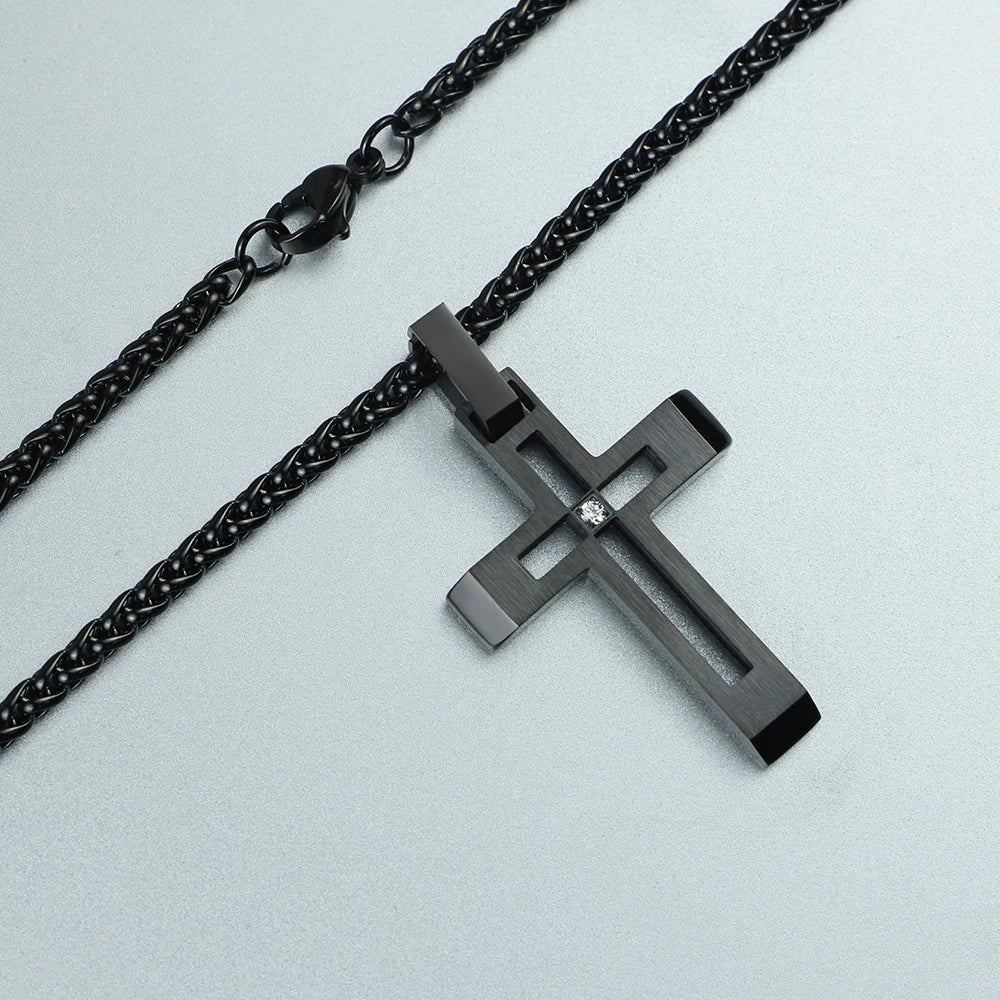 Black Steel Cut-Out Cross Pendant Necklace