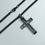 Black Steel Cut-Out Cross Pendant Necklace