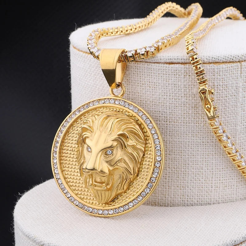 Gold Lion Pendant Tennis Necklace