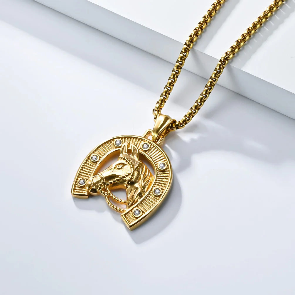 Steel Horseshoe Pendant Necklace with Zircon