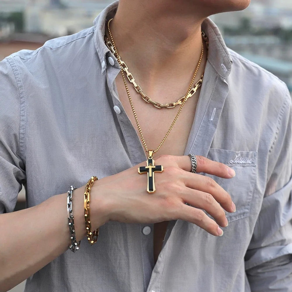 Layered Steel Cross Pendant Necklace