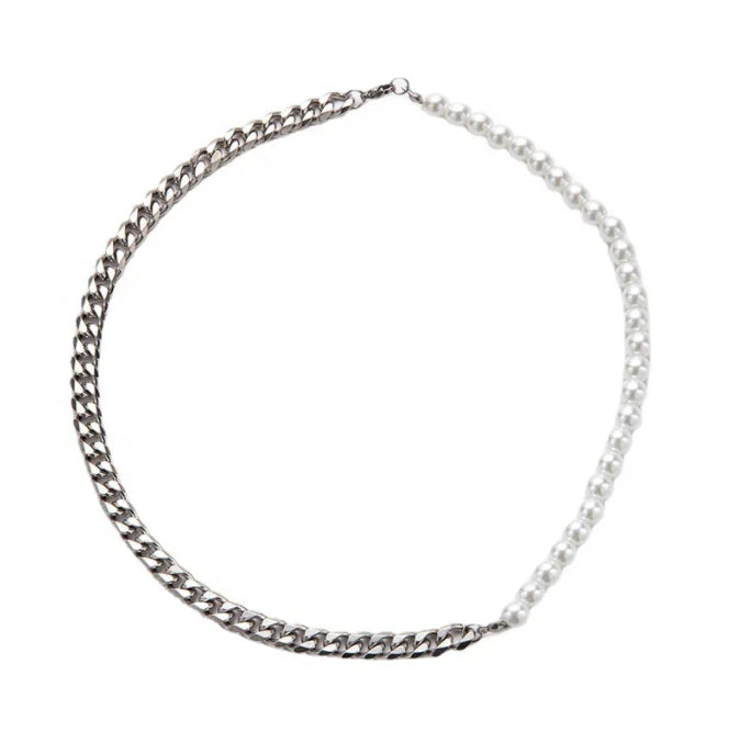 Half Pearl Half Cuban Chain Necklace