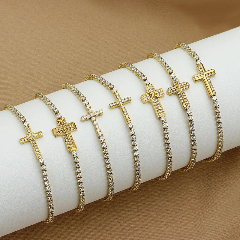 18K Gold PVD Cross Charm Tennis Bracelet