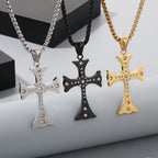 Flared Steel Cross Pendant Necklace with Zircon