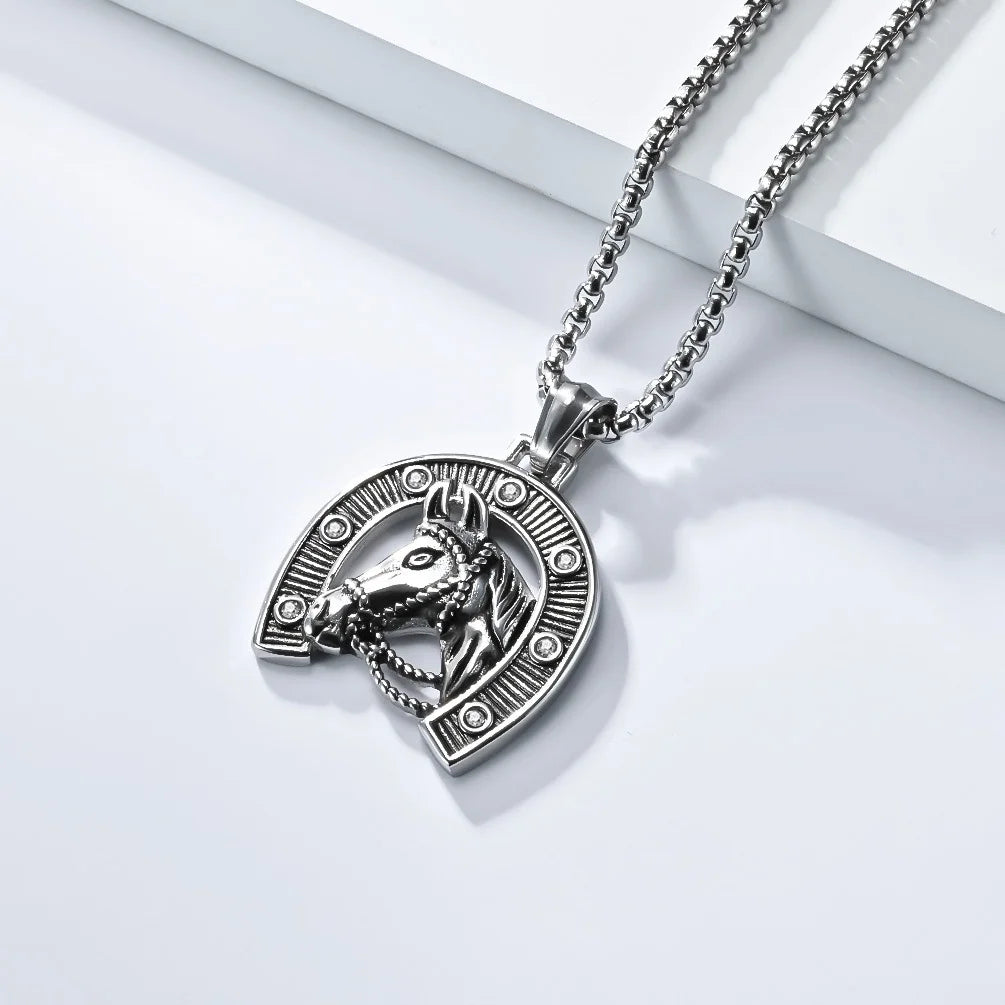 Steel Horseshoe Pendant Necklace with Zircon