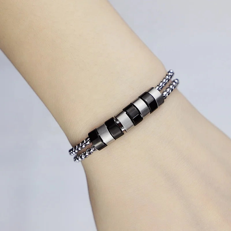 Steel Double Box Chain Bracelet with Black Accents
