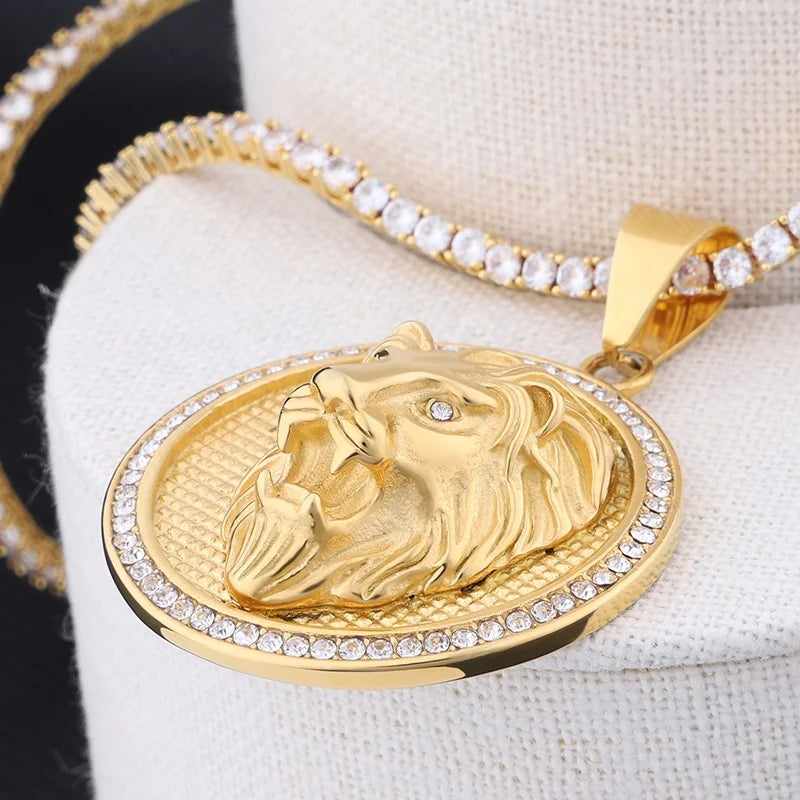 Gold Lion Pendant Tennis Necklace