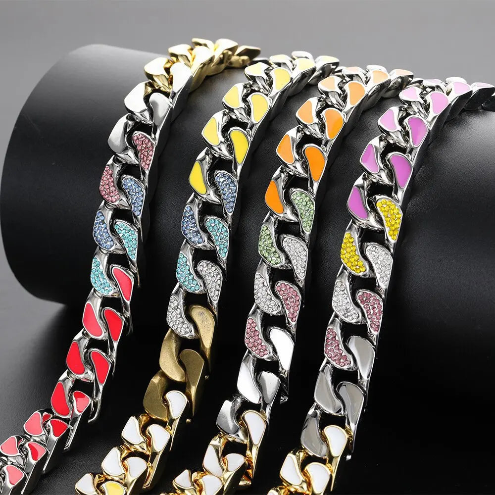 Stainless Steel Zircon Cuban Link Necklace with Enamel