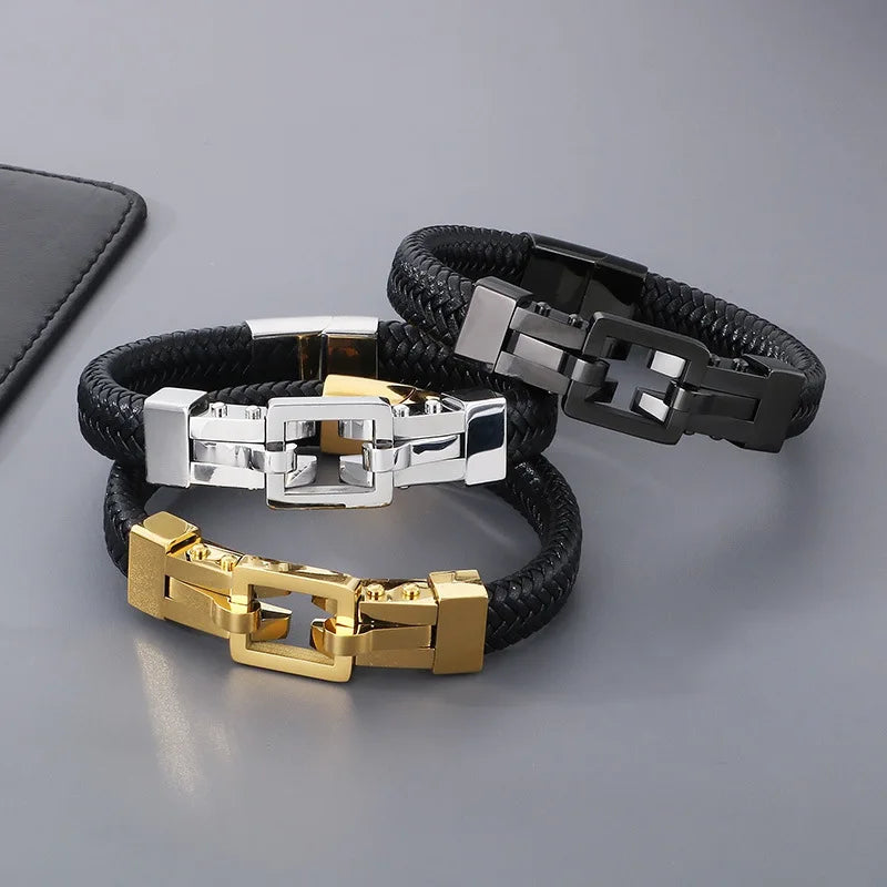 Braided Leather Bracelet with Square Steel Clasp