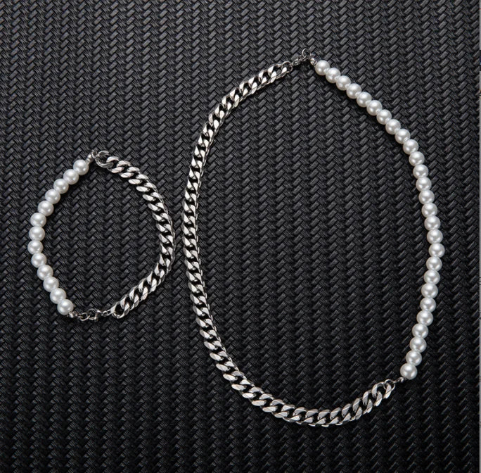 Half Pearl Half Cuban Chain Necklace
