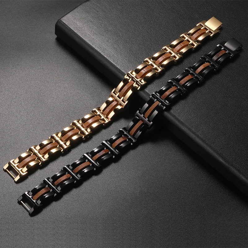 Wood and Steel Link Bracelet in Gold or Black