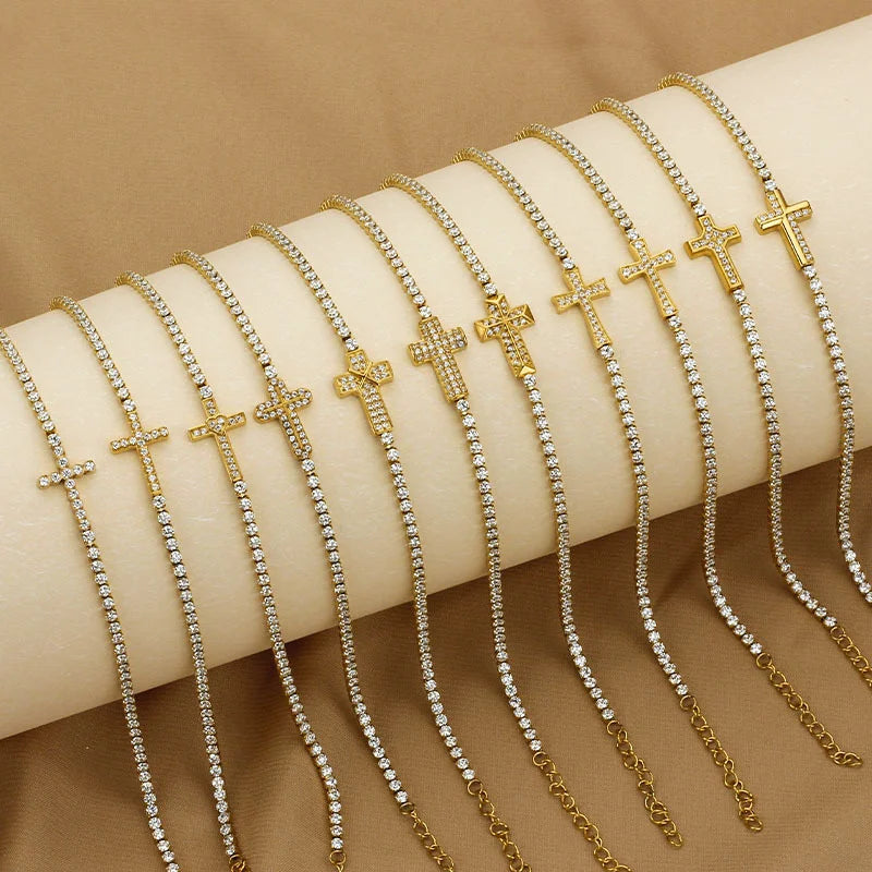 18K Gold PVD Cross Charm Tennis Bracelet