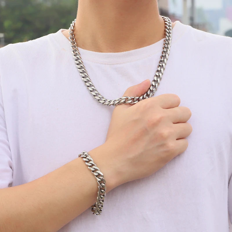 Polished Cuban Link Necklace and Bracelet Set