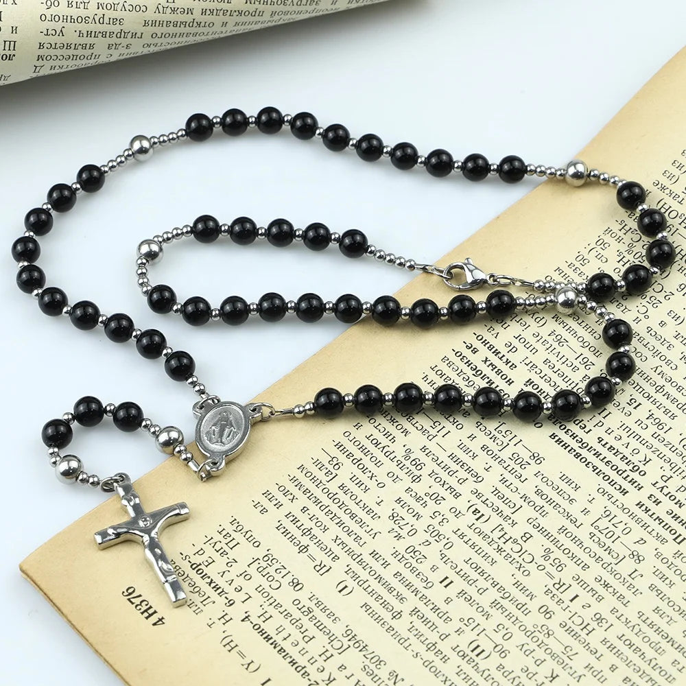 Black Agate Rosary Necklace with Crucifix Pendant
