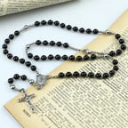 Black Agate Rosary Necklace with Crucifix Pendant