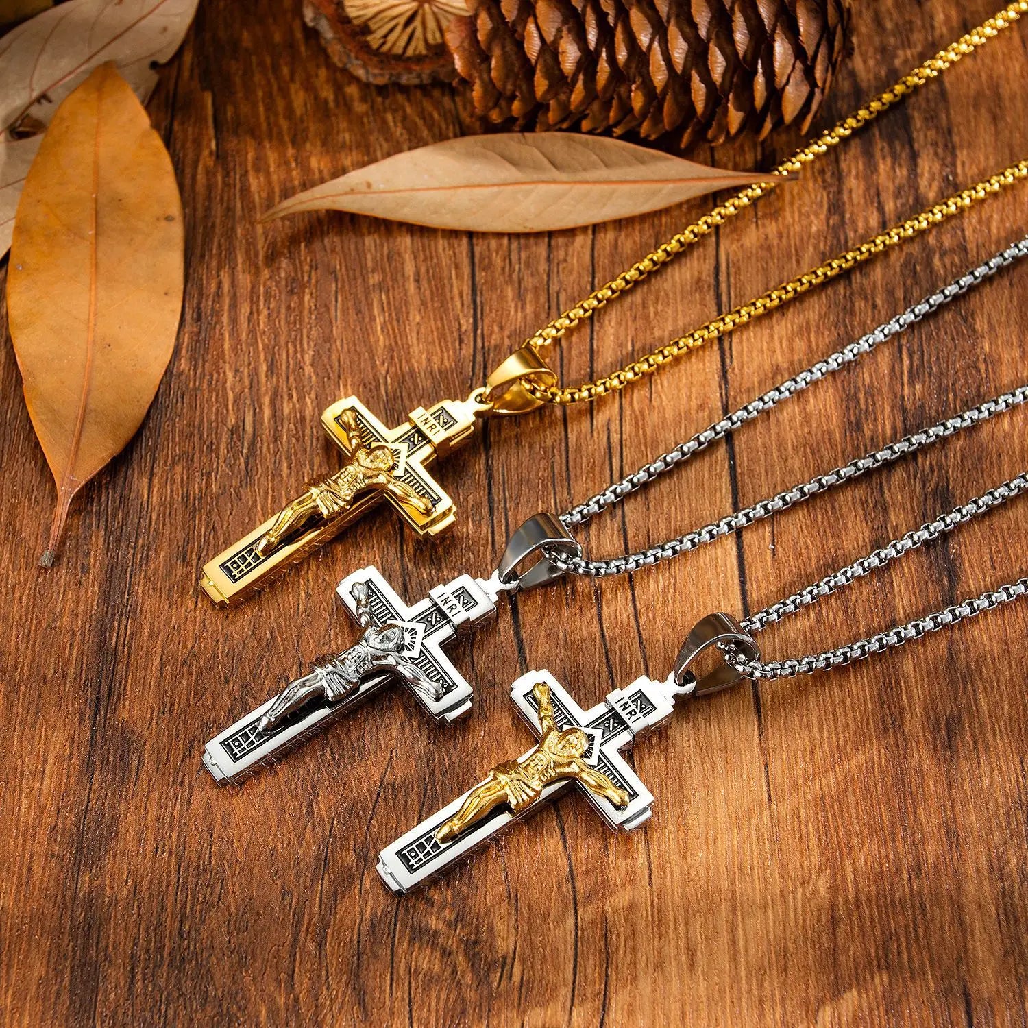 Two-Tone Crucifix Pendant Necklace in Steel