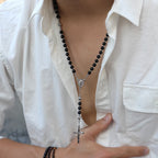 Black Agate Rosary Necklace with Crucifix Pendant