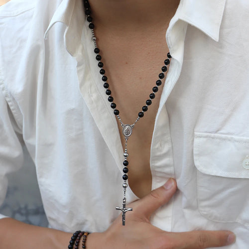 Black Agate Rosary Necklace with Crucifix Pendant