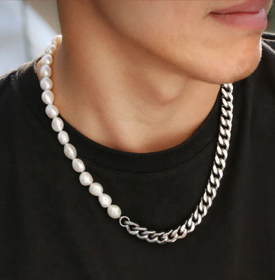 Half Pearl Half Cuban Chain Necklace