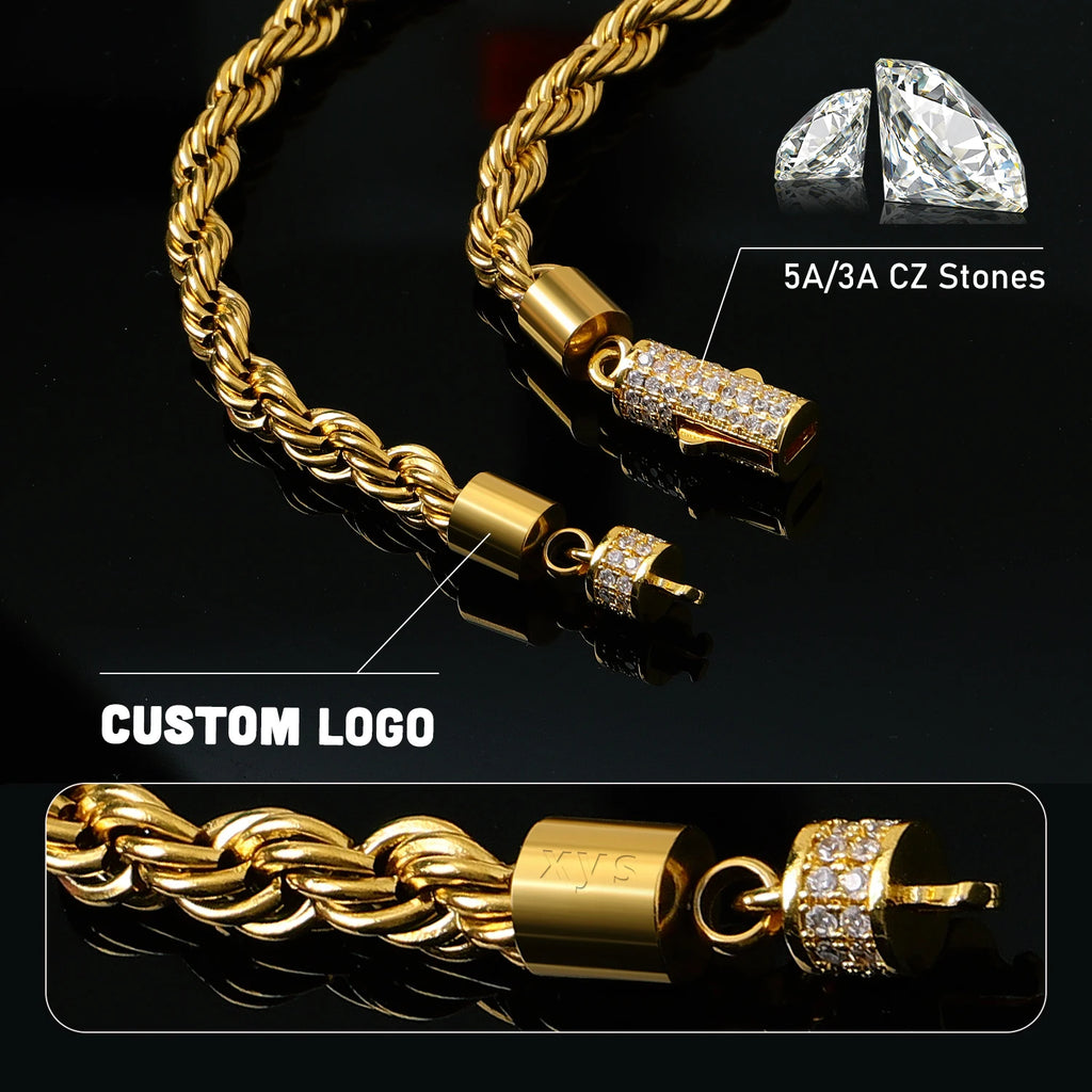 6mm Gold Rope Necklace with Zircon Clasp