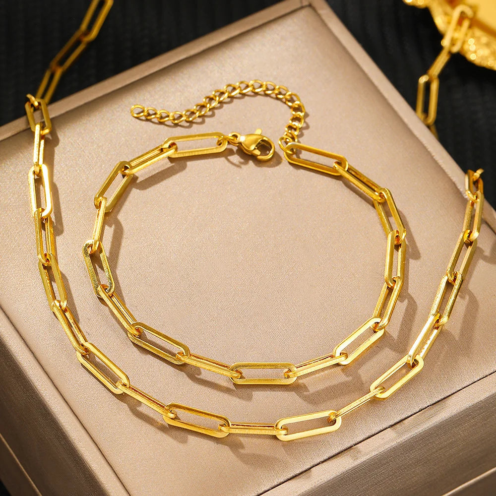 18K Gold Plated Titanium Paperclip Necklace and Bracelet Set