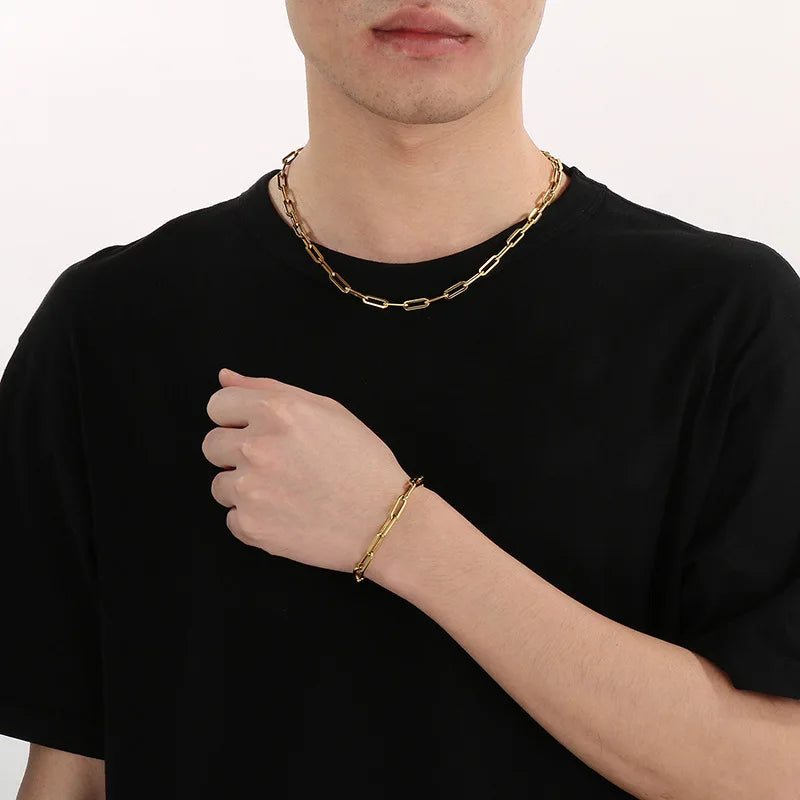 18K Gold Plated Titanium Paperclip Necklace and Bracelet Set