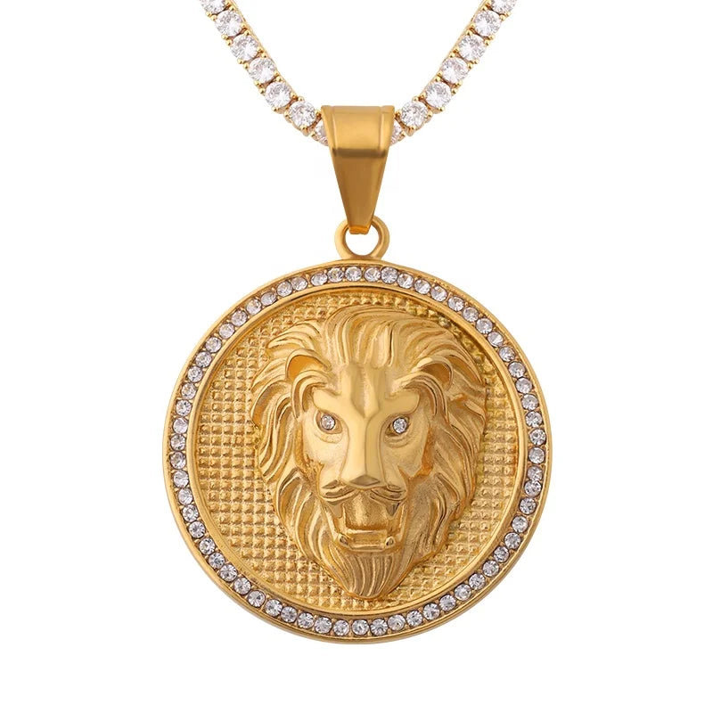 Gold Lion Pendant Tennis Necklace