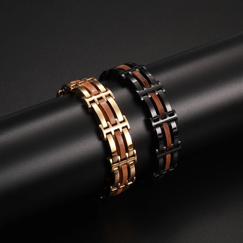Wood and Steel Link Bracelet in Gold or Black