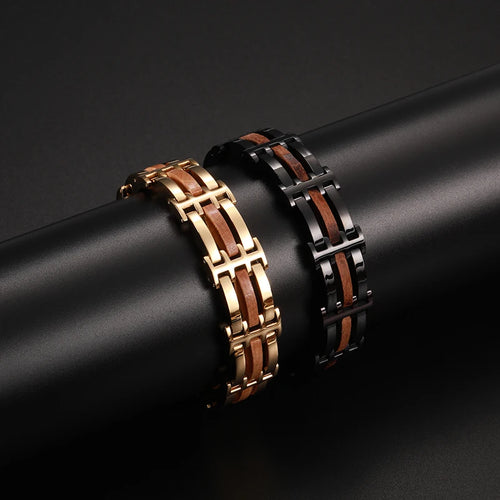 Wood and Steel Link Bracelet in Gold or Black