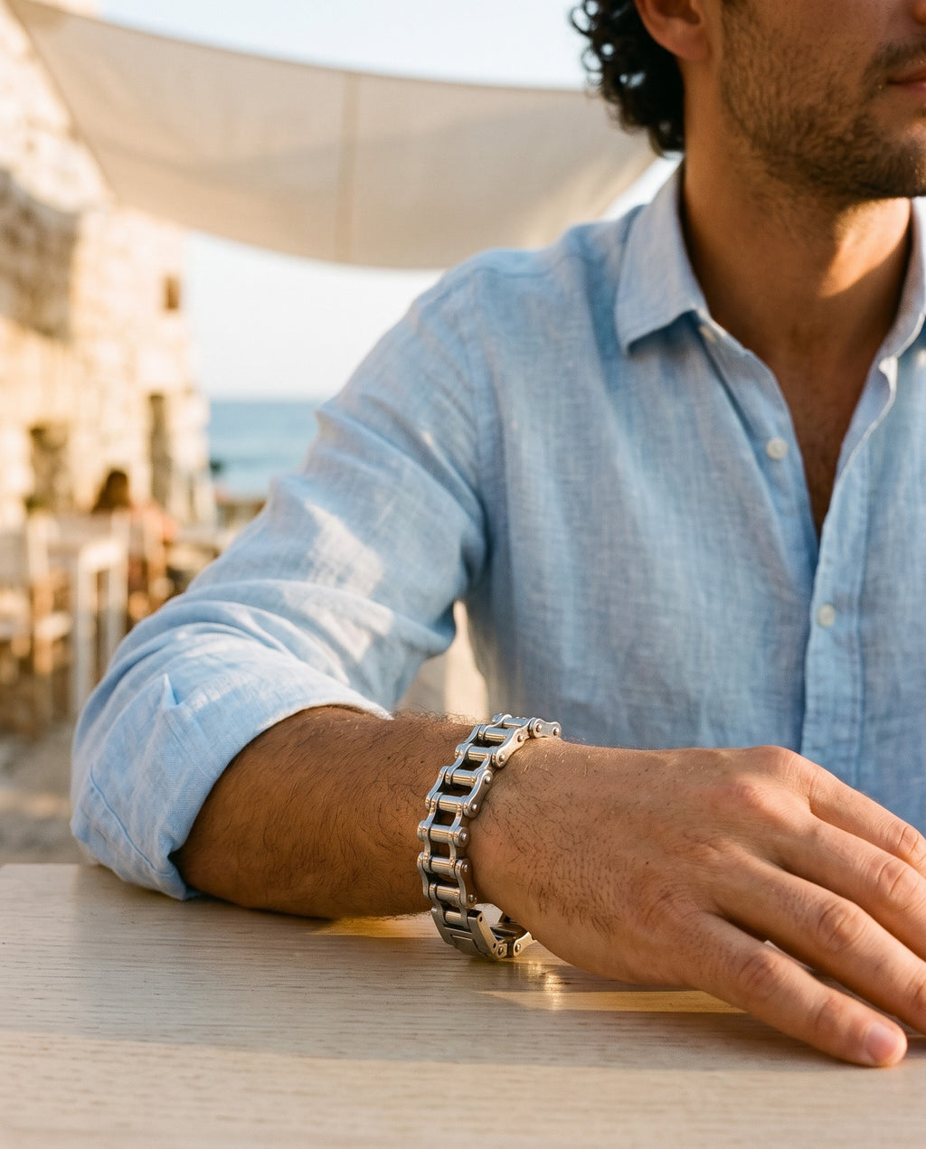 Marco Maveri Bicycle Chain Link Bracelet worn with a linen shirt, close-up, Silver