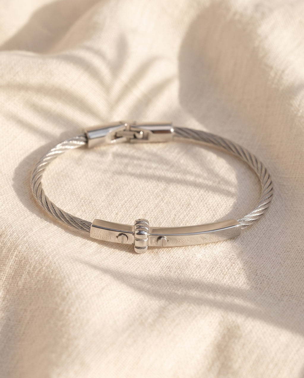 Marco Maveri Cable Bracelet with Bar Detail laid on cream linen, Silver