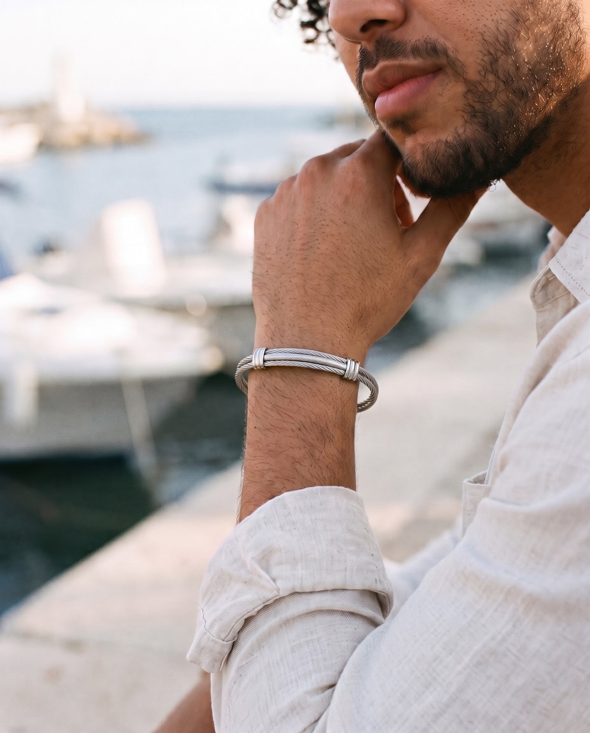 Marco Maveri Cable Cuff Bracelet worn with a linen shirt, close-up, Silver