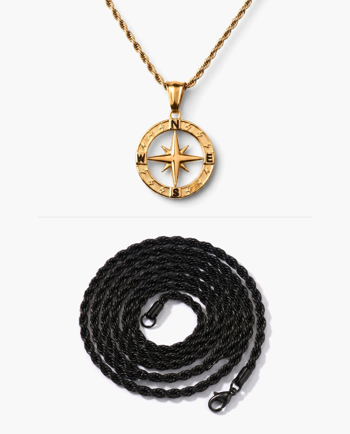 Marco Maveri Compass Pendant Rope Chain Necklace, Black / Gold, Hollow Compass Rose + Extra Black Rope Chain