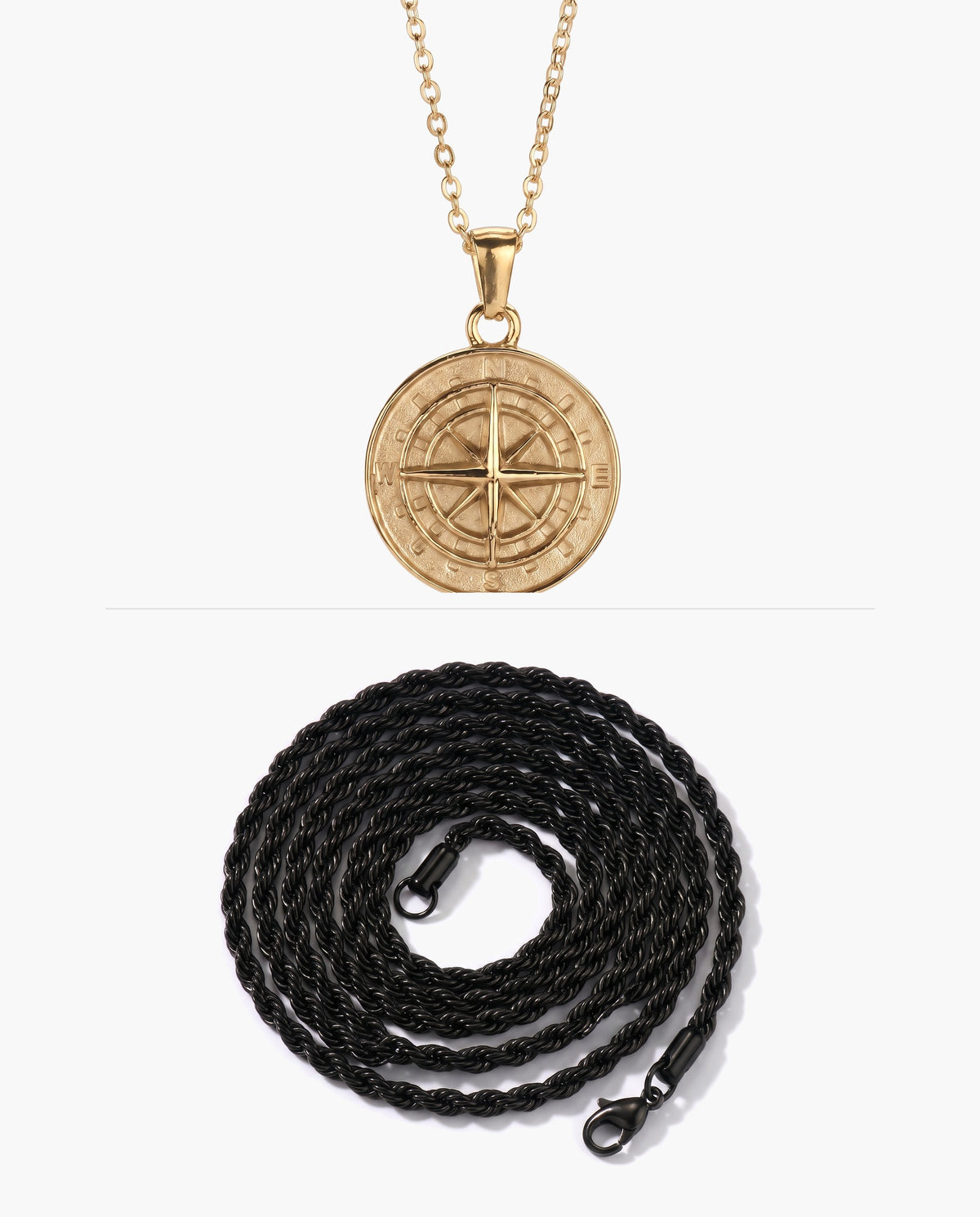 Marco Maveri Compass Pendant Rope Chain Necklace, Black / Gold, Solid Medallion + Extra Black Rope Chain