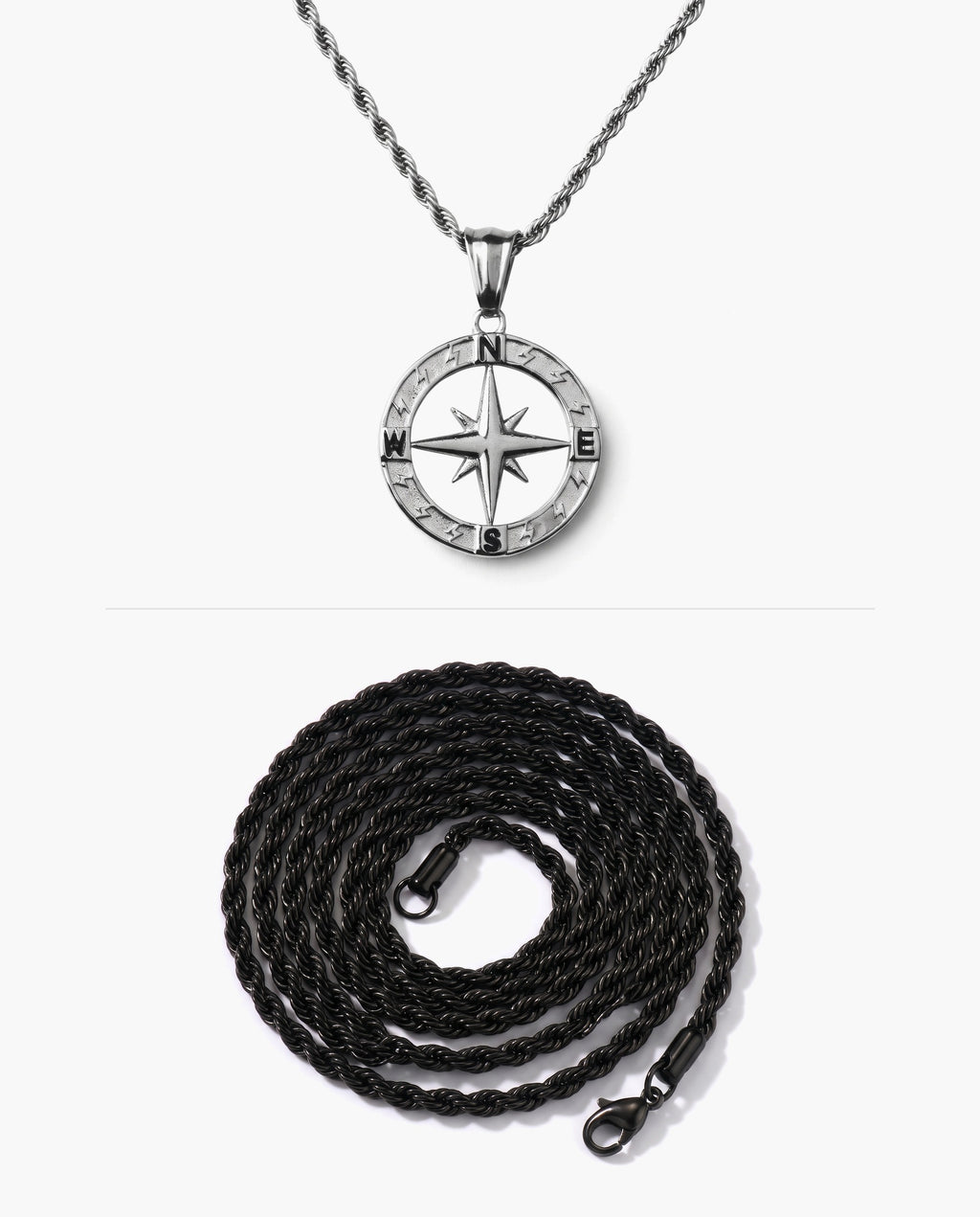 Marco Maveri Compass Pendant Rope Chain Necklace, Black / Silver, Hollow Compass Rose + Extra Black Rope Chain