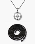 Marco Maveri Compass Pendant Rope Chain Necklace, Black / Silver, Hollow Compass Rose + Extra Black Rope Chain