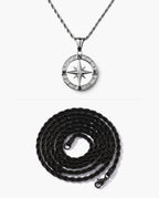 Marco Maveri Compass Pendant Rope Chain Necklace, Black / Silver, Hollow Compass Rose + Extra Black Rope Chain