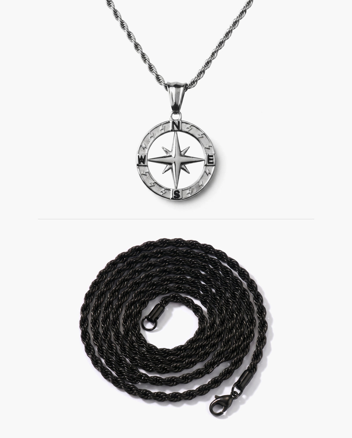 Marco Maveri Compass Pendant Rope Chain Necklace, Black / Silver, Hollow Compass Rose + Extra Black Rope Chain