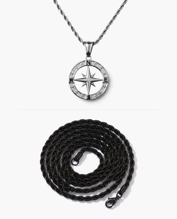Marco Maveri Compass Pendant Rope Chain Necklace, Black / Silver, Hollow Compass Rose + Extra Black Rope Chain