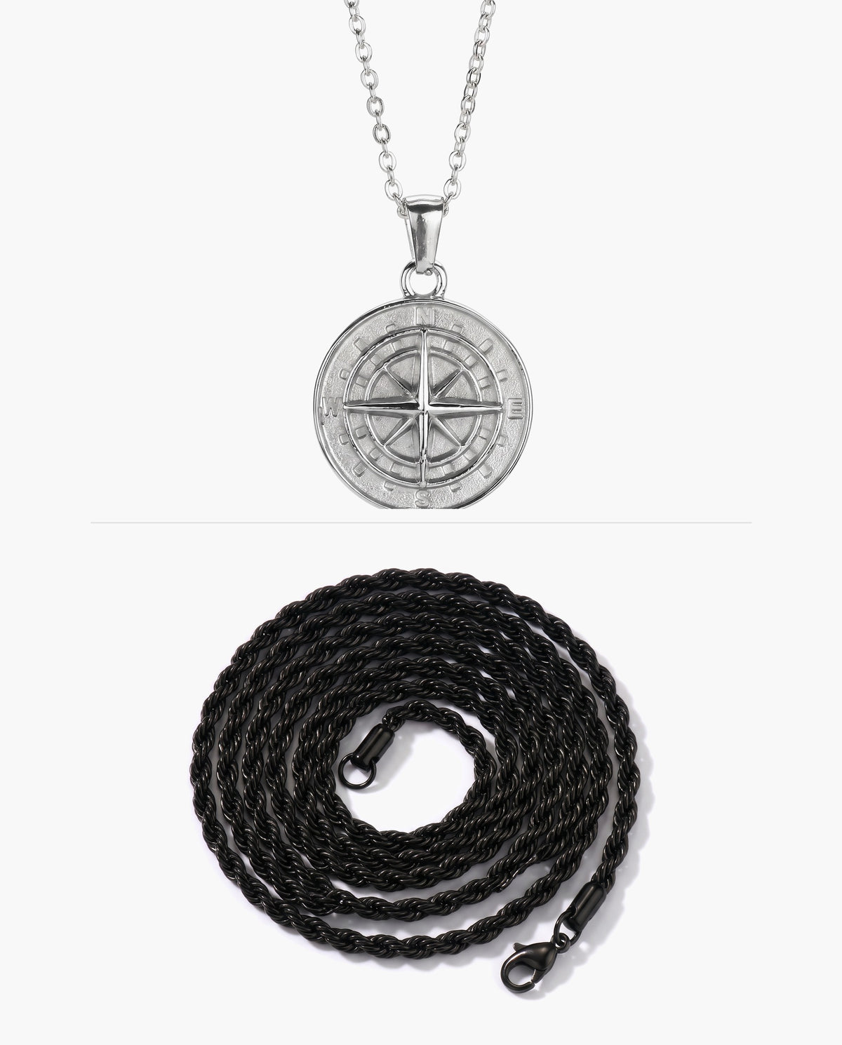 Marco Maveri Compass Pendant Rope Chain Necklace, Black / Silver, Solid Medallion + Extra Black Rope Chain