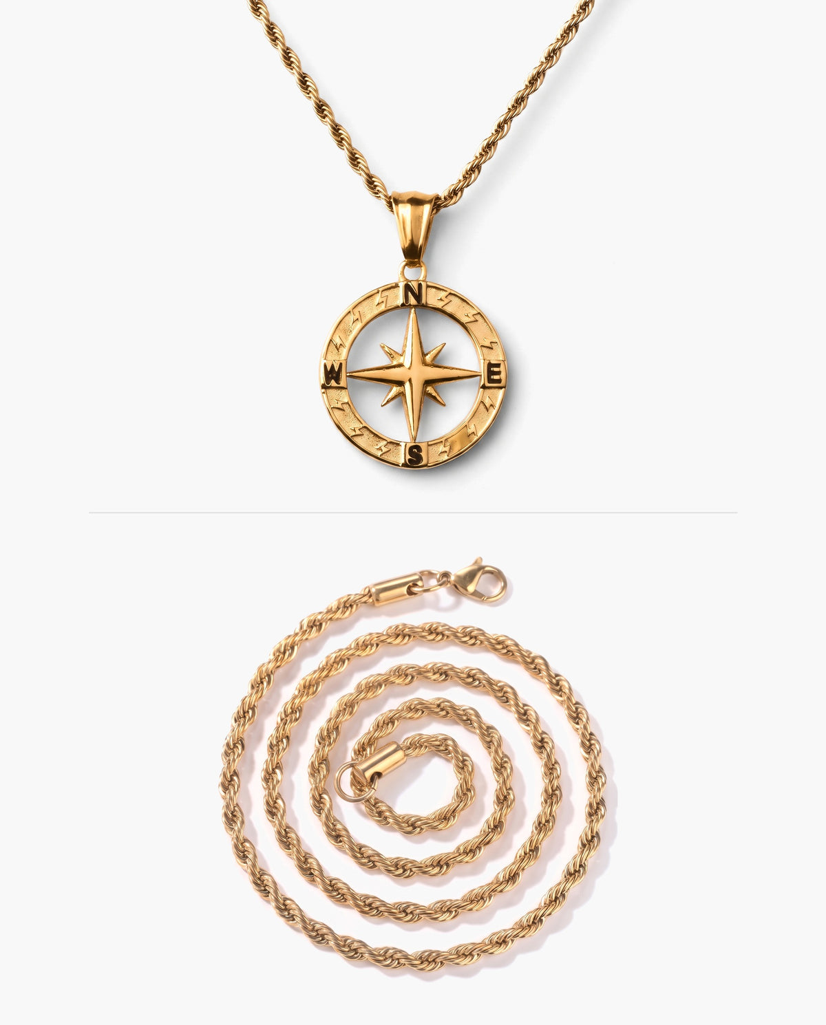 Marco Maveri Compass Pendant Rope Chain Necklace, Gold, Hollow Compass Rose + Extra Gold Rope Chain
