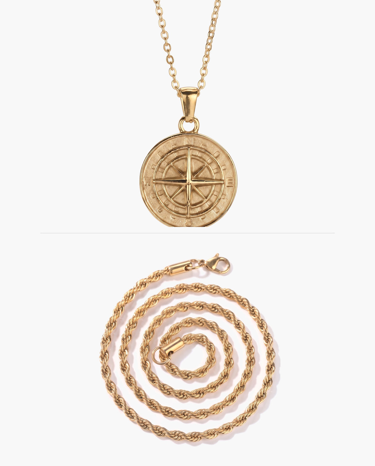 Marco Maveri Compass Pendant Rope Chain Necklace, Gold, Solid Medallion + Extra Gold Rope Chain