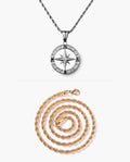 Marco Maveri Compass Pendant Rope Chain Necklace, Silver / Gold, Hollow Compass Rose + Extra Gold Rope Chain
