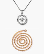 Marco Maveri Compass Pendant Rope Chain Necklace, Silver / Gold, Hollow Compass Rose + Extra Gold Rope Chain