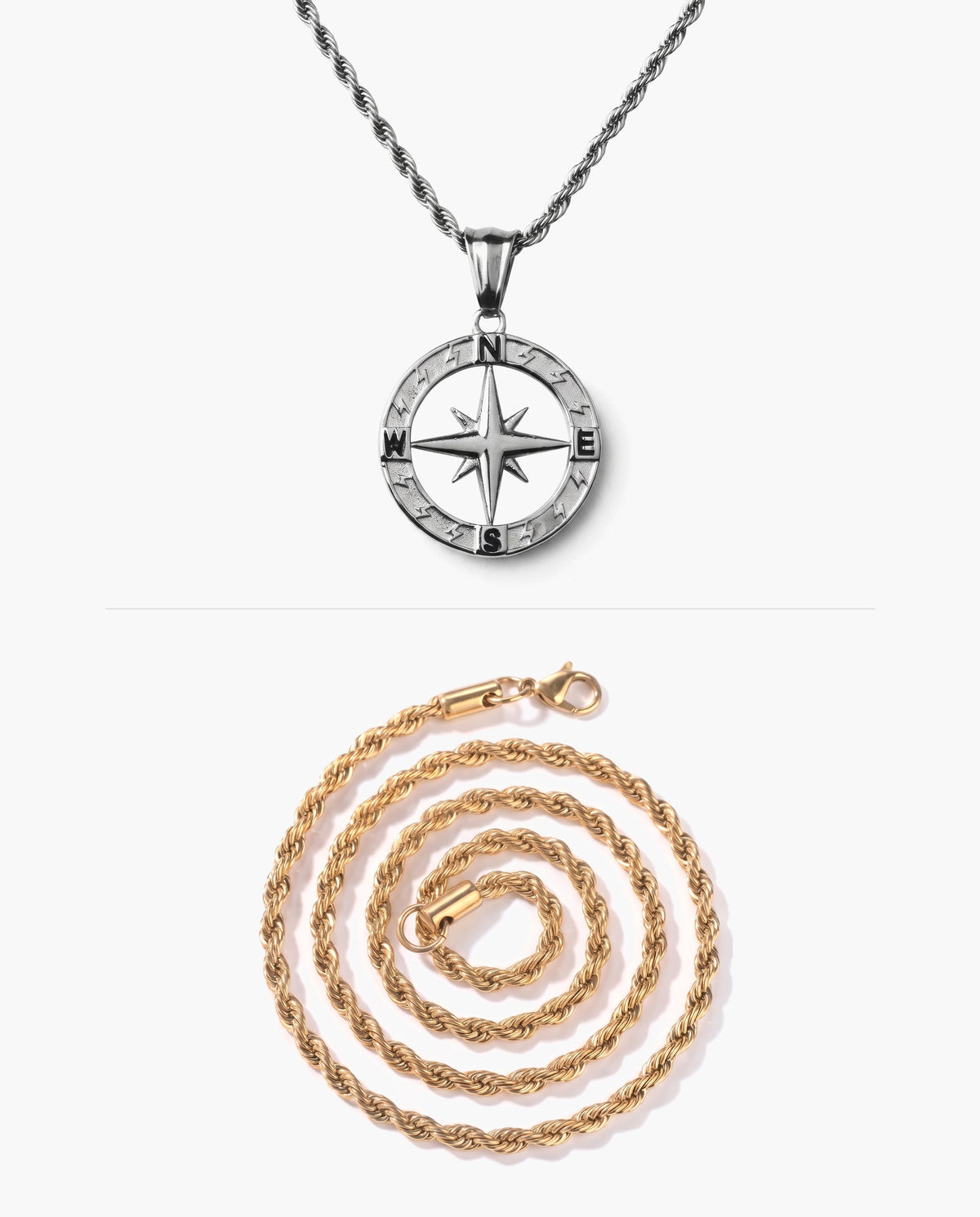 Marco Maveri Compass Pendant Rope Chain Necklace, Silver / Gold, Hollow Compass Rose + Extra Gold Rope Chain