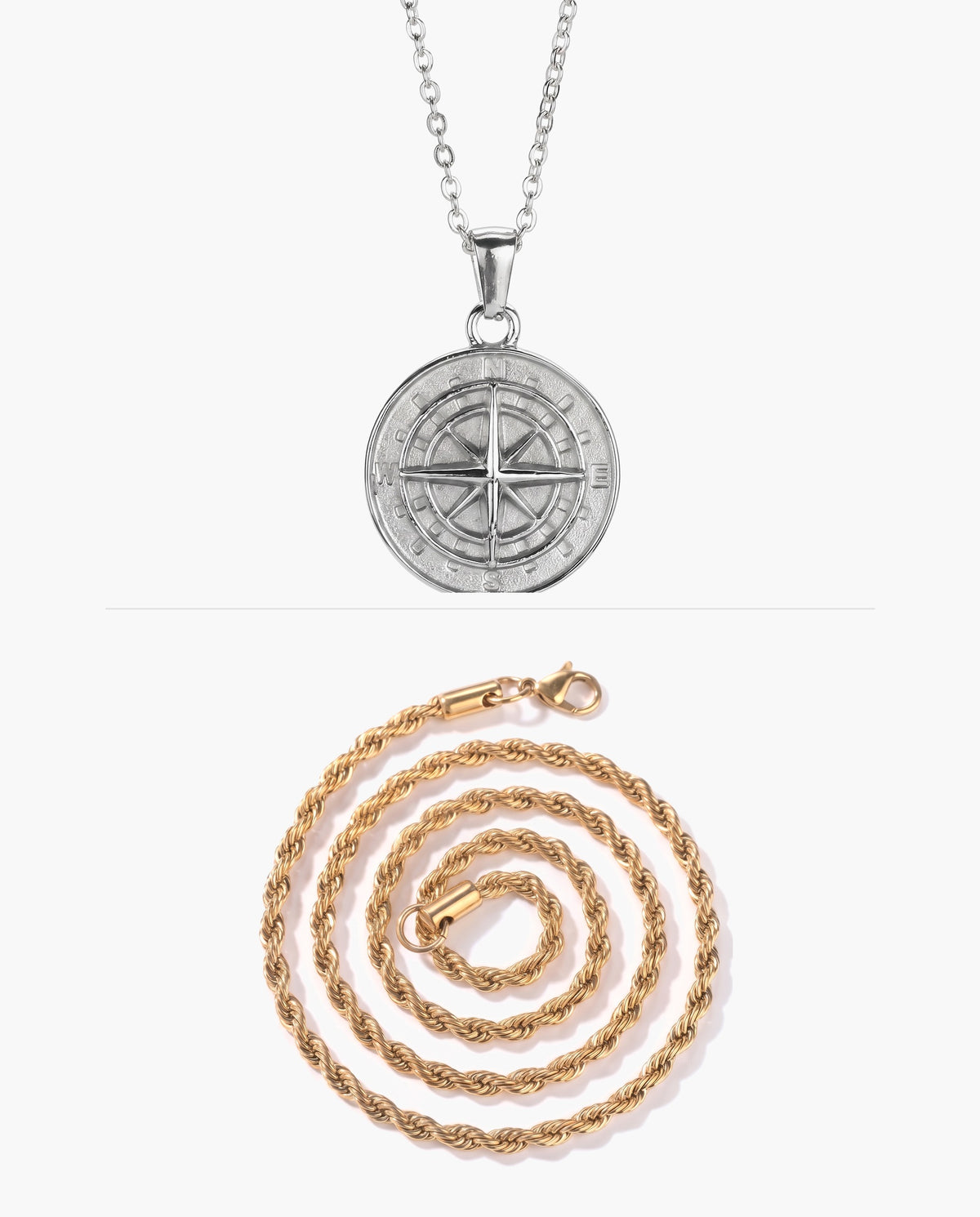 Marco Maveri Compass Pendant Rope Chain Necklace, Silver / Gold, Solid Medallion + Extra Gold Rope Chain