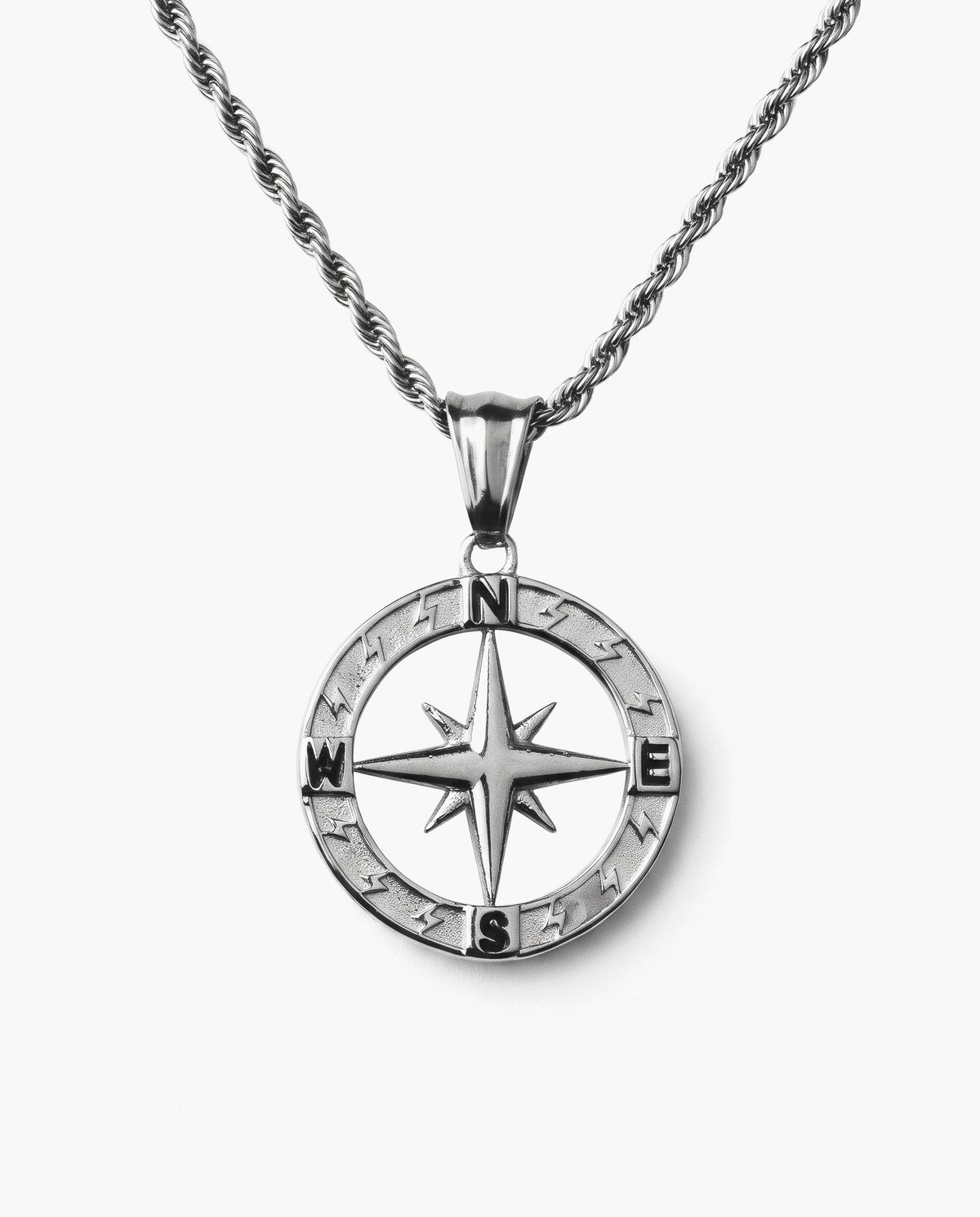 Marco Maveri Compass Pendant Rope Chain Necklace, Silver, Hollow Compass Rose