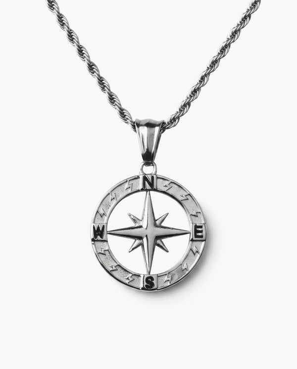 Marco Maveri Compass Pendant Rope Chain Necklace, Silver, Hollow Compass Rose