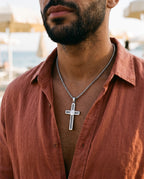 Marco Maveri Cross Pendant Necklace with Cable Inlay worn with a linen shirt, close-up, Silver
