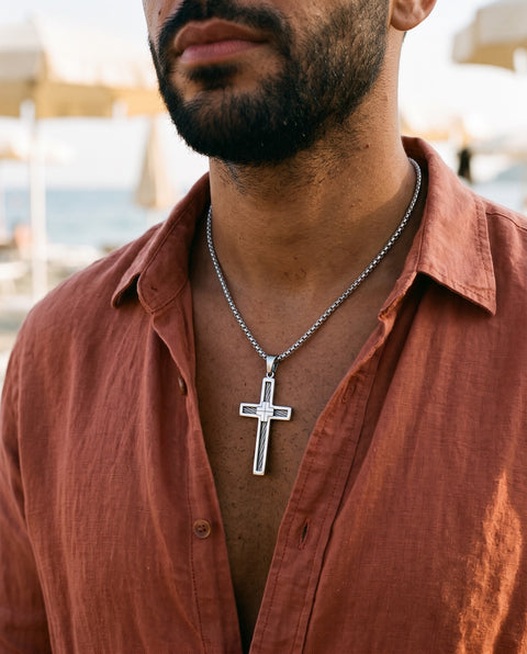 Cross Pendant Necklace with Cable Inlay